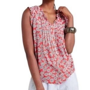 Anthropologie Maeve Ruffle Button Down Pintuck Red Floral Blouse Tank 4